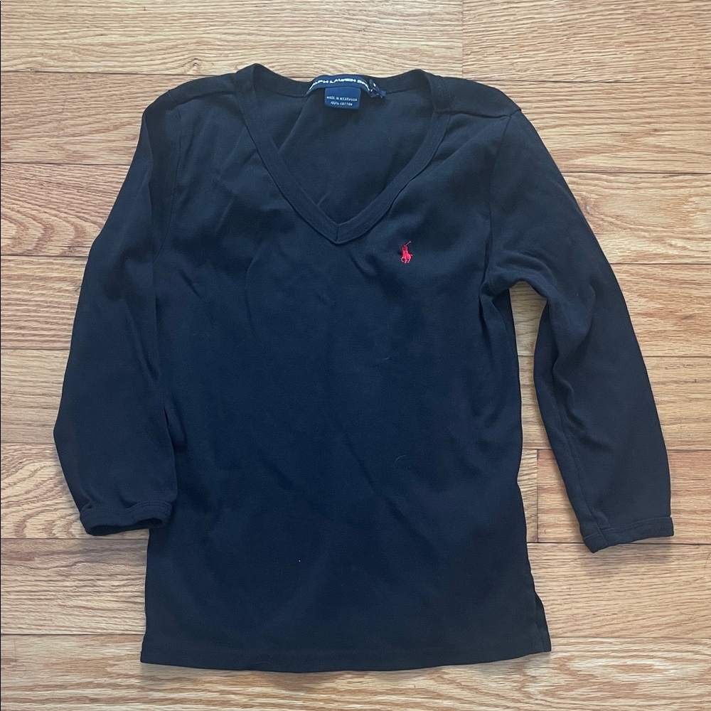 Ralph Lauren Black V-Neck Top with Red Logo 3/4 sleeves